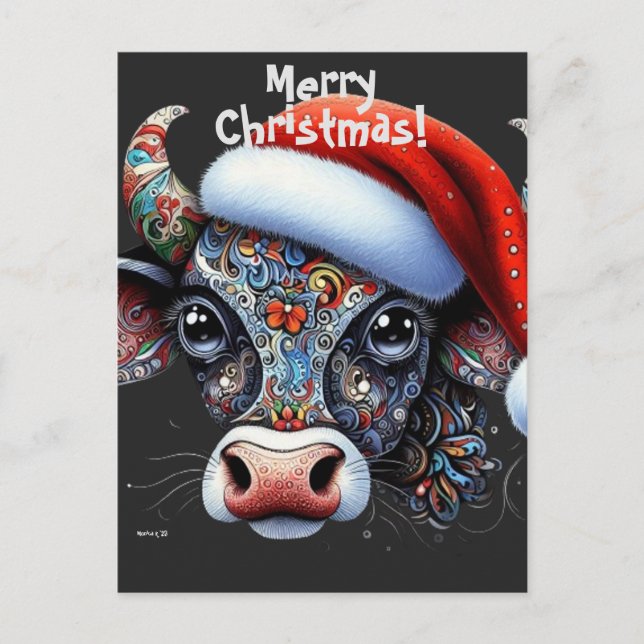 Postal Navidades Cow Bull con Santa Hat Arte Popular Mexi (Anverso)