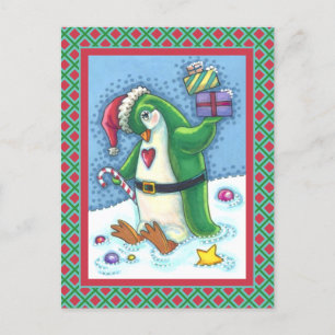 POSTAL NAVIDADES CUIDADOS PENGUIN VESTIDO DE VERDE, VACAC