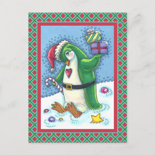 POSTAL NAVIDADES CUIDADOS PENGUIN VESTIDO DE VERDE, VACAC (Anverso)