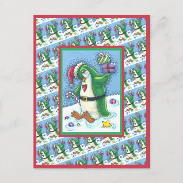 POSTAL NAVIDADES CUIDADOS PENGUIN VESTIDO DE VERDE, VACAC (Anverso)