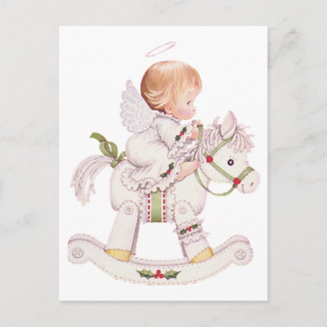 Postal Navidades Cute: Nene Ángel En Caballo Rocío (Anverso)