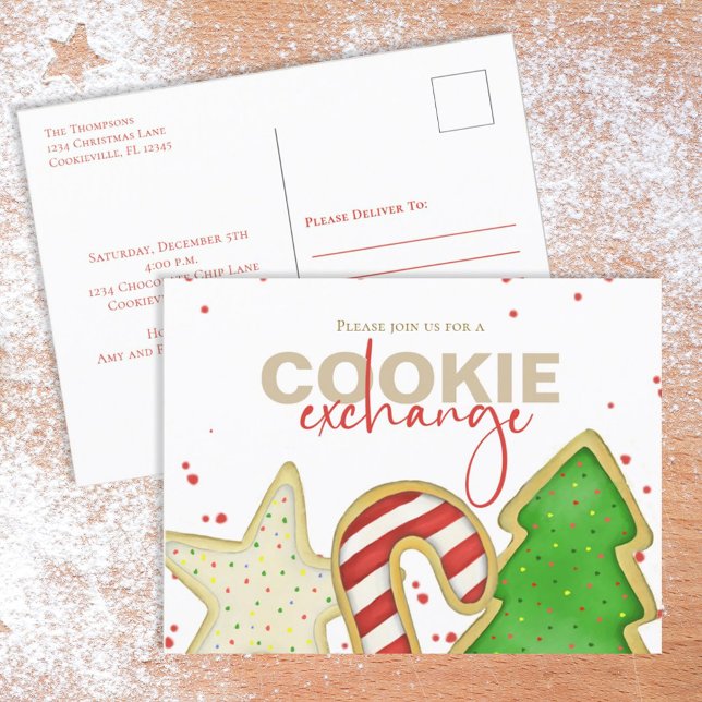 Postal Navidades Cute Whimsical Sweet Cookie Exchange Inv (Christmas whimsical colorful cookie cutout postcard invitation with watercolor cute cookies. )