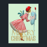 Postal navidades de 1950 Vintage Lady Merry Christmas<br><div class="desc">Navidades como se veía en los años 50 con esta obra de arte retro de una mujer vestida con un vestido de falda completa</div>
