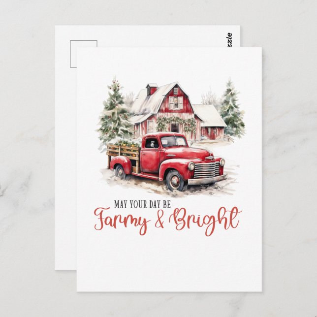 Postal Navidades de acuarela Camión de época y granero (Anverso / Reverso)