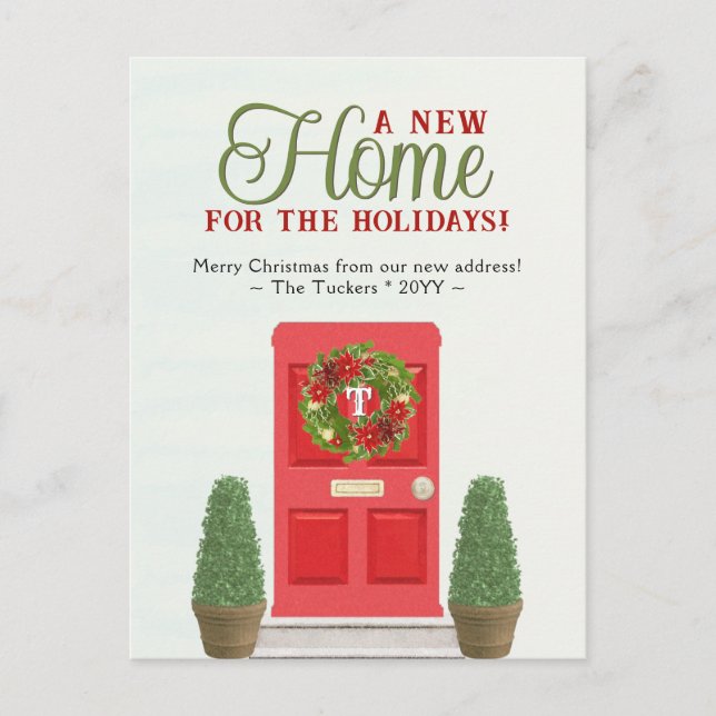 Postal Navidades de acuarela de puertas y topiarios rojos (Anverso)