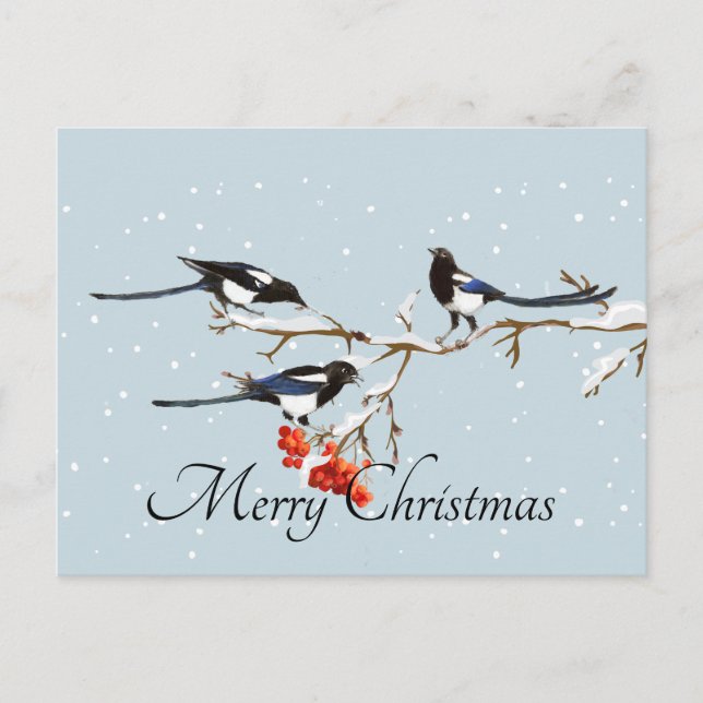 Postal Navidades de acuarela Holly Magpie Bird Nature Art (Anverso)