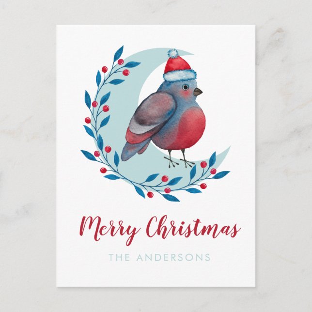 Postal Navidades De Acuarela Personalizados Pájaros En La (Anverso)
