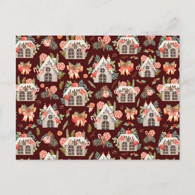 Postal Navidades de acuarela roja Casas sin problemas (Anverso)