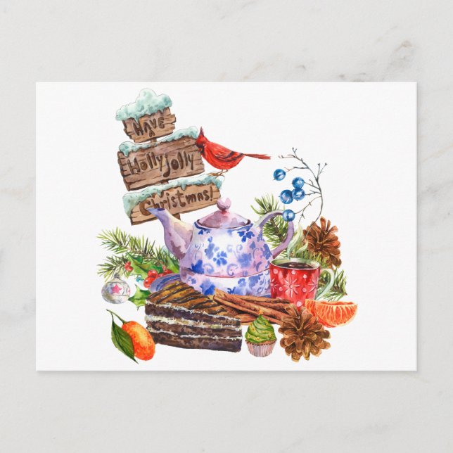 Postal Navidades de acuarela Tiempo de té y café (Anverso)