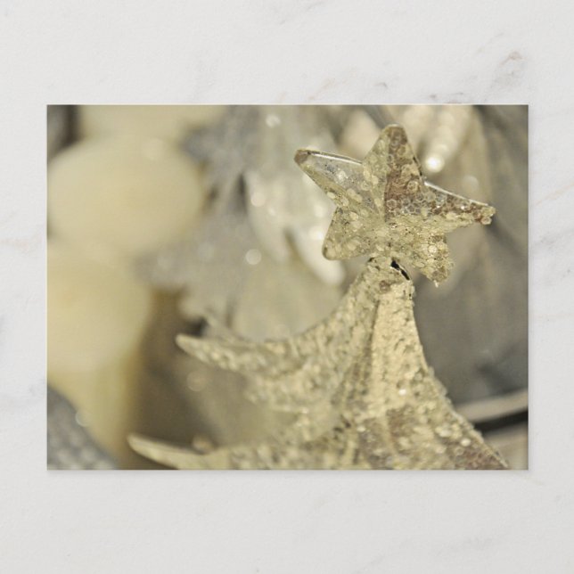 Postal Navidades de adornos de árbol de plata purpurina (Anverso)