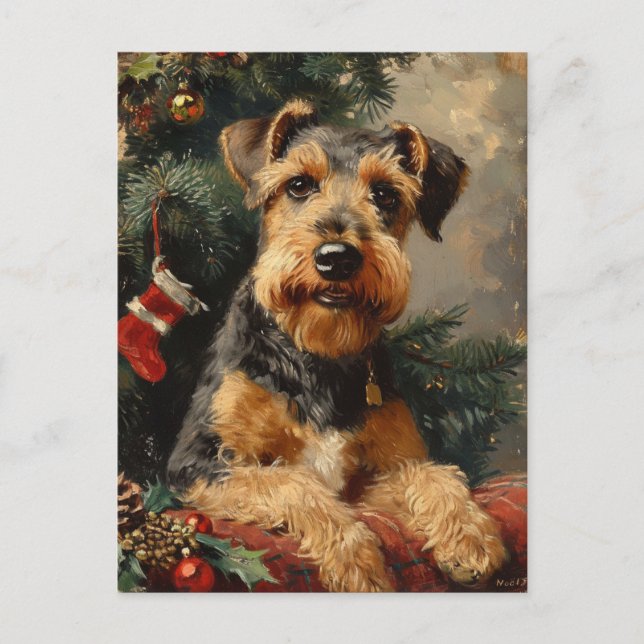 Postal Navidades de Airedale terrier (Anverso)
