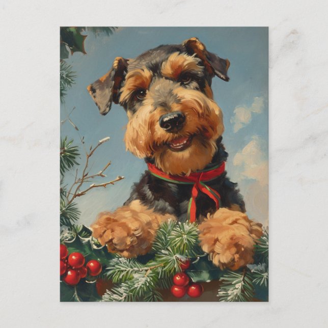 Postal Navidades de Airedale Terrier (Anverso)