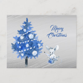 Postal Navidades de árbol azul con paquete de ratón ruso
