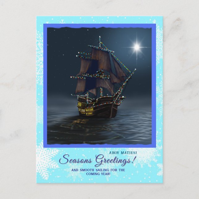 Postal Navidades de barcos piratas saludan a los náuticos (Anverso)