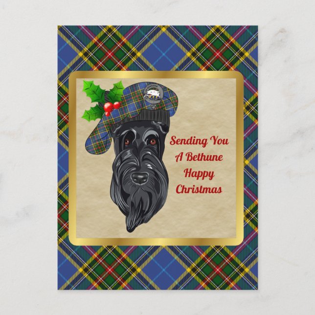 Postal Navidades de Bethune Clan Badge y Tartan (Anverso)