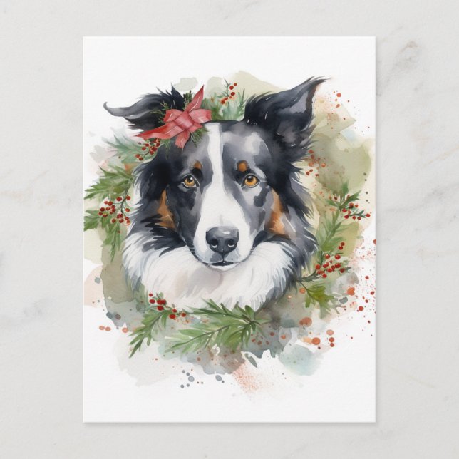 Postal Navidades de Border Collie Wreath Festimes Pup (Anverso)