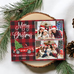 Postal Navidades de caligrafía Camión de época 2 fotograf<br><div class="desc">Moderna caligrafía divertida guión Feliz Navidad 2 tarjeta postal de vacaciones - Watercolor Vintage Camión Rojo con árbol de navidad sobre relleno de búfalo rojo</div>