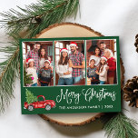 Postal Navidades de caligrafía Camión de época 3 Foto Ver<br><div class="desc">Moderna caligrafía divertida guión Feliz Navidad 3 Foto postal de vacaciones - Watercolor Vintage Camión Rojo con Árbol de Navidad - Fondo verde del bosque</div>