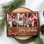 Postal Navidades de caligrafía Camión vintage de madera 3<br><div class="desc">Moderna caligrafía divertida guión Feliz Navidad 3 Foto postal de vacaciones - Watercolor Vintage Camión Rojo con Árbol de Navidad - Ruido País Impresión de madera</div>