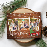 Postal Navidades de caligrafía: Camión Vintage Wood 3 Fot<br><div class="desc">Moderna caligrafía divertida guión Feliz Navidad 3 tarjeta postal de vacaciones - Watercolor Vintage Camión Rojo con árbol de Navidad en la madera rústica de los campos</div>