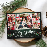 Postal Navidades de caligrafía divertida Green Wood Holly<br><div class="desc">Moderna caligrafía de diversión guión 5 Collage de fotos de la familia de fotos La tarjeta postal navideña merry incluye Navidades de acuarela Holly Berries - Rustic Country Green Wood</div>