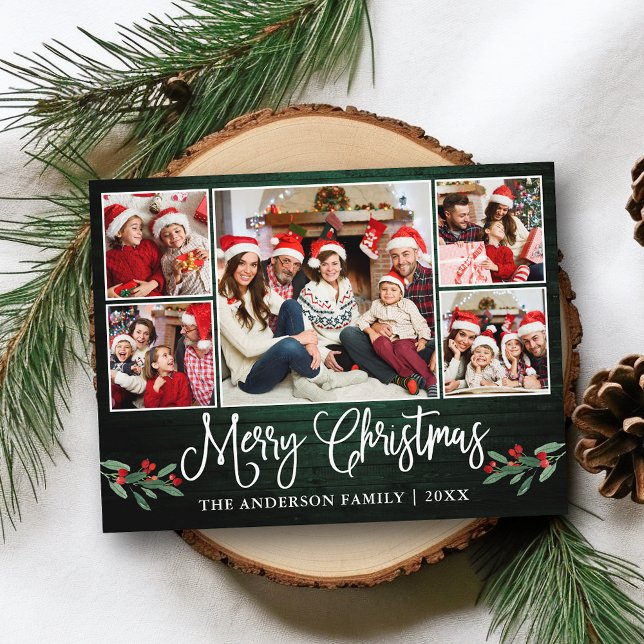 Postal Navidades de caligrafía divertida Green Wood Holly (Customize to change your personalized text size or text style.)