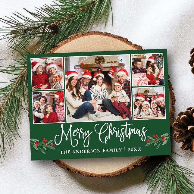 Postal Navidades de caligrafía divertida Holly 5 Photo Gr (Customize to change your personalized text size or text style.)