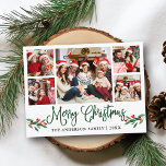 Postal Navidades de caligrafía divertida moderna Holly 5<br><div class="desc">Moderna caligrafía de diversión guión 5 Collage de fotos de la familia de fotos Merry Christmas Postcard incluye Navidades de acuarela Holly Berries - Guión verde</div>