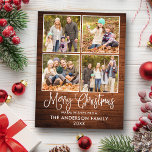 Postal Navidades de caligrafía divertida moderna Wood 4 P<br><div class="desc">Moderna caligrafía divertida guión Feliz Navidad 4 tarjeta postal de vacaciones - Madera rústica de campo</div>