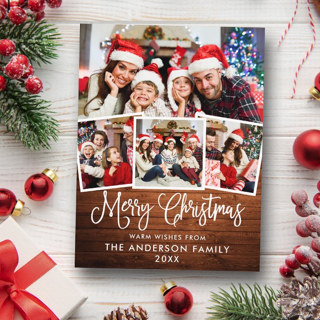 Postal Navidades de caligrafía divertida moderna Wood 4 P (Customize to change your personalized text size or text style.)