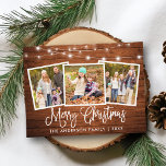 Postal Navidades de caligrafía Luces de cuerda de madera<br><div class="desc">Moderna caligrafía divertida guión Feliz Navidad 3 Foto postal de vacaciones - Rústica madera de campo con cadenas</div>