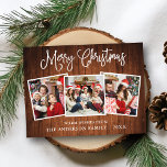 Postal Navidades de caligrafía moderna Wood 3 fotos<br><div class="desc">Moderna caligrafía divertida guión Feliz Navidad 3 Foto postal de vacaciones - Madera rústica de campo</div>