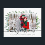 Postal Navidades de caligrafía Pine Greenery Couple Photo<br><div class="desc">Moderna y elegante caligrafía Script Merry Christmas acuarela Fiesta Pine Greenery Pareja Foto Postal</div>