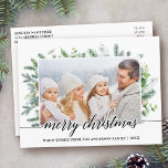 Postal Navidades de caligrafía Pine Greenery Family Photo<br><div class="desc">Moderna y elegante caligrafía Script Merry Christmas acuarela Fiesta Pine Greenery Familia Foto Postcard</div>