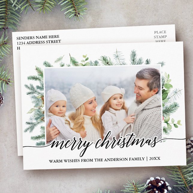 Postal Navidades de caligrafía Pine Greenery Family Photo (Customize to change your personalized text size or text style.)