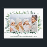 Postal Navidades de caligrafía Pine Greenery Photo<br><div class="desc">Moderna y elegante caligrafía Script Merry Christmas acuarela vacaciones Pine Greenery Family Photo - Guión verde</div>