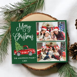 Postal Navidades de caligrafía Vintage Truck Green 2 Phot<br><div class="desc">Moderna caligrafía divertida guión Feliz Navidad 2 tarjeta postal de vacaciones - Watercolor Vintage Camión Rojo con árbol de Navidad - Fondo verde forestal</div>