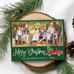 Postal Navidades de caligrafía Vintage Truck Green 3 Foto<br><div class="desc">Moderna caligrafía divertida guión Feliz Navidad 3 Foto postal de vacaciones - Watercolor Vintage Camión Rojo con Árbol de Navidad - Fondo verde del bosque</div>