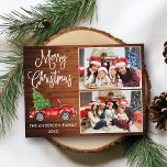 Postal Navidades de caligrafía Vintage Truck Wood 2 Foto<br><div class="desc">Moderna caligrafía divertida guión Feliz Navidad 2 tarjeta postal de vacaciones - Watercolor Vintage Camión Rojo con árbol de Navidad en madera rústica</div>