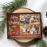 Postal Navidades de caligrafía Vintage Truck Wood 4 Foto<br><div class="desc">Moderna caligrafía divertida guión Feliz Navidad 4 Foto postal de vacaciones - Watercolor Vintage Camión Rojo con árbol de Navidad en la madera rústica de los campos</div>