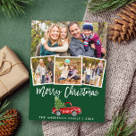 Postal Navidades de Camión de Vintage con guión de pincel<br><div class="desc">Camión rojo vintage con color de agua con árbol de Navidad - Tarjeta verde navideña - 4 fotos</div>
