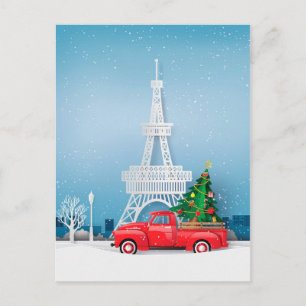 Postal Navidades de Camión Rojo de la Torre Eiffel de Par
