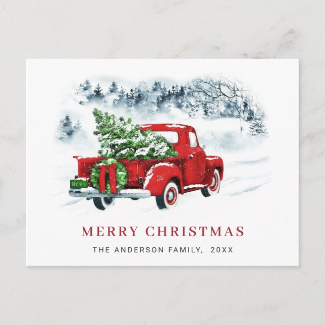 Postal Navidades de Camión Rojo Retro saludan feriado (Anverso)