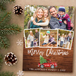 Postal Navidades de Camión Vintage con guión de pincel de<br><div class="desc">Rústico Cepillo Verde Guión Watercolor Vintage Camión Rojo con Árbol de Navidad - Feliz Postales de Navidad - 4 Fotos</div>