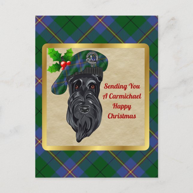 Postal Navidades de Carmichael Clan Badge y Tartan (Anverso)