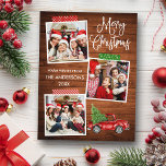 Postal Navidades de Cinta de Cinta de Cinta de Calligrafí<br><div class="desc">Modern Fun Calligraphy Script Merry Christmas 3 Collage de fotos con tarjeta de postales navideña Cinta Cinta Craft. Camión Rojo Vintage de color de agua con árbol de Navidad. Madera rústica.</div>