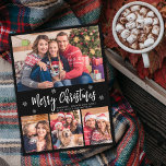 Postal Navidades de Collage de fotos Black 4 de escritura<br><div class="desc">Presupuesto, Elegante, Moderno, Copo de Nieve 4 Collages de fotos Merry Christmas Script Black Holiday Postcard. Esta plantilla festiva de cuatro (4) fotos para tarjetas navideñas, mimalista, caprichoso, presenta un collage de fotos de bonito, un copo de nieve y dice ¡Feliz Navidad! El texto de bienvenida de "Feliz Navidad" está...</div>
