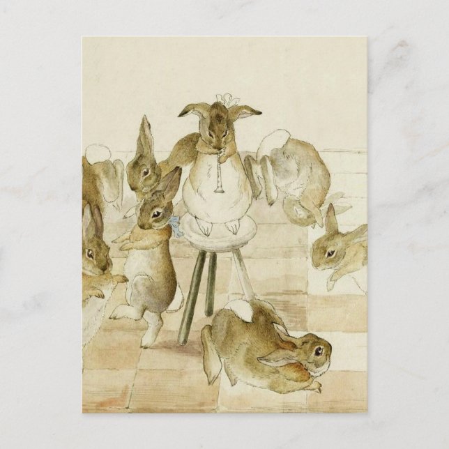 Postal Navidades de Conejos Fiesta por Beatrix Potter (Anverso)