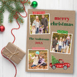 Postal Navidades de Craft Tape Red Truck Kraft<br><div class="desc">La tarjeta postal navideña navideña 3 Collage de fotos incluye Craft Tape y Watercolor Vintage Red Truck con Árbol de Navidad. Rústico Papel Kraft.</div>