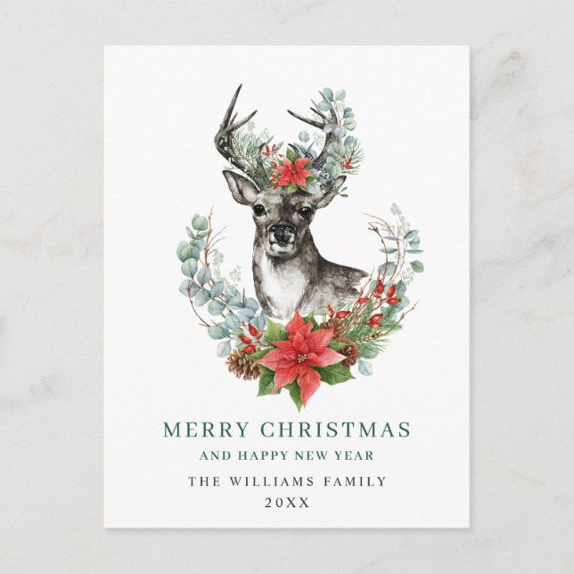 Postal Navidades de Deer Poinsettia saludan la festividad (Anverso)